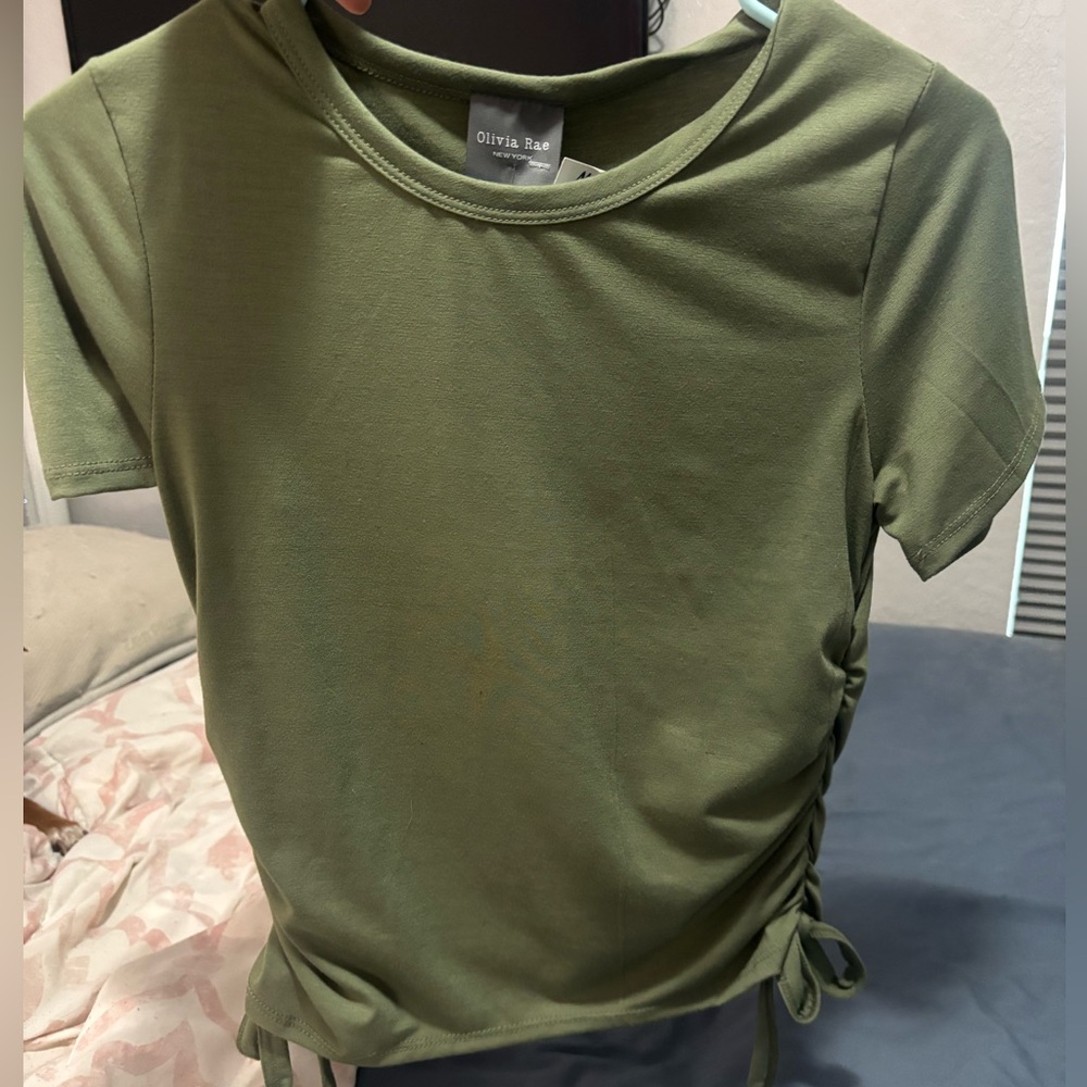 Olivia Rae Green Ruched Tie Front Polo Tee